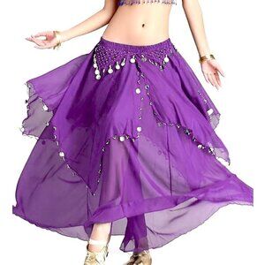 Women's Chiffon Belly Dance Skirt Indian Dance Dark Purple Costume with Coins